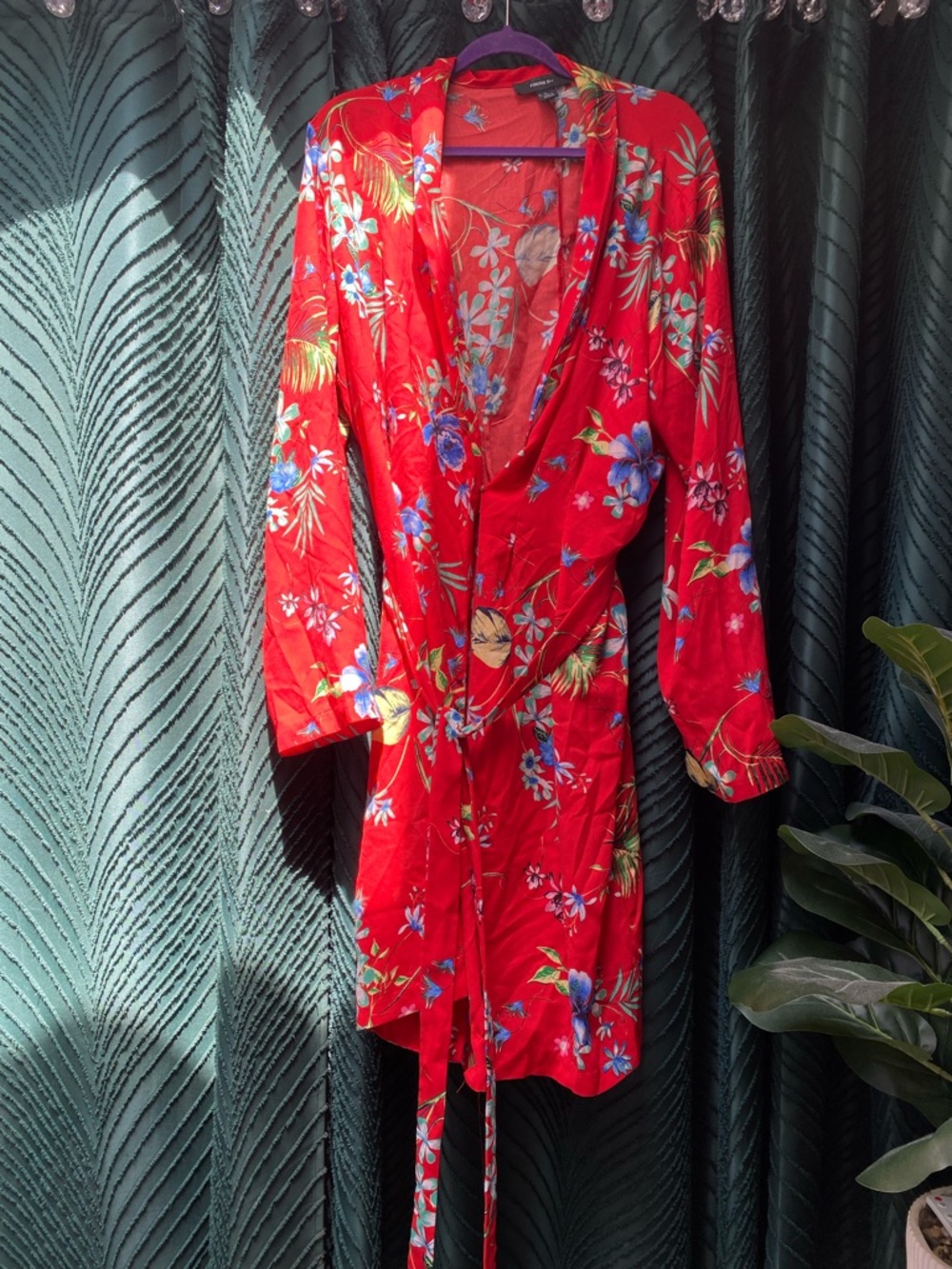 Forever 21 Red Floral Satin Wrap Robe with Blue & Green Accents